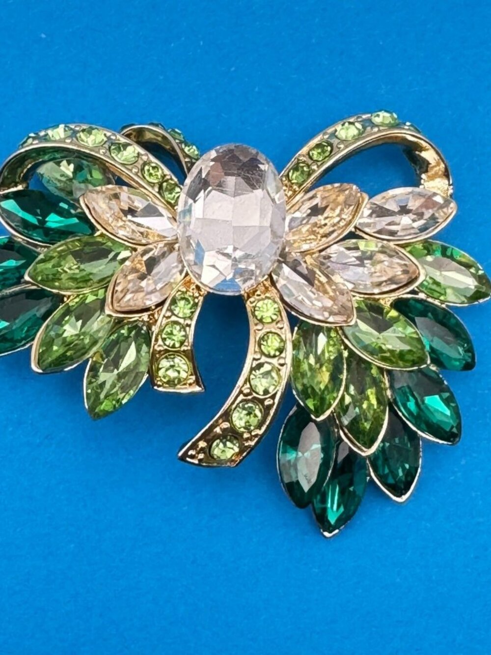 Rhinestone Bow Brooch Pin Cascading Wings Green Clear Stones Gold Tone Statement
